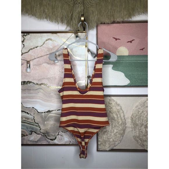 FREE PEOPLE | Striped Plunge Neck Thong Bodysuit, Like New - Picture 2 of 3